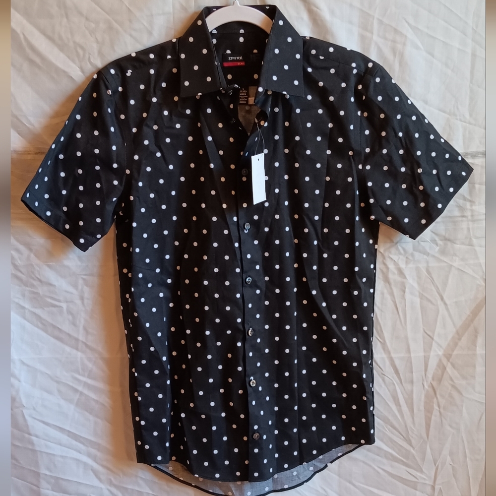 NWT jf j.ferrar Black Button Down Mens Shirt White Polka Dots Size S